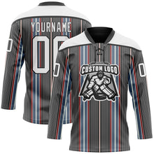 Laden Sie das Bild in den Galerie-Viewer, Uksn Individuelles Schwarz Weiß Rot-Blau 3D-Muster Design-Streifen Eishockey-Trikot mit Schnürkragen