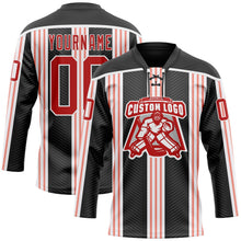 Laden Sie das Bild in den Galerie-Viewer, Uksn Individuelles Schwarz Rot Pink-Weiß 3D-Muster Design-Streifen Eishockey-Trikot mit Schnürkragen