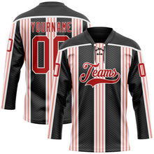 Laden Sie das Bild in den Galerie-Viewer, Uksn Individuelles Schwarz Rot Pink-Weiß 3D-Muster Design-Streifen Eishockey-Trikot mit Schnürkragen