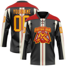 Laden Sie das Bild in den Galerie-Viewer, Uksn Individuelles Schwarz Gold Creme-Rot 3D-Muster Design-Streifen Eishockey-Trikot mit Schnürkragen