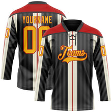Laden Sie das Bild in den Galerie-Viewer, Uksn Individuelles Schwarz Gold Creme-Rot 3D-Muster Design-Streifen Eishockey-Trikot mit Schnürkragen