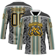 Laden Sie das Bild in den Galerie-Viewer, Uksn Individuelles Schwarz Blau Gold-Weiß 3D-Muster Design-Streifen Eishockey-Trikot mit Schnürkragen