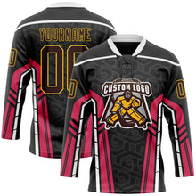 Laden Sie das Bild in den Galerie-Viewer, Uksn Individuelles Schwarz Braun Pink Gelb-Weiß 3D abstrakte Muster-Grafik Cyber-Mecha E-Sport Eishockey-Trikot mit Schnürkragen