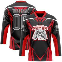 Laden Sie das Bild in den Galerie-Viewer, Uksn Individuelles Schwarz Stahlgrau Rot-Weiß 3D abstrakte Muster-Grafik Cyber-Mecha E-Sport Eishockey-Trikot mit Schnürkragen