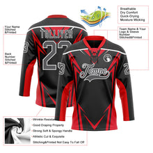 Laden Sie das Bild in den Galerie-Viewer, Uksn Individuelles Schwarz Stahlgrau Rot-Weiß 3D abstrakte Muster-Grafik Cyber-Mecha E-Sport Eishockey-Trikot mit Schnürkragen