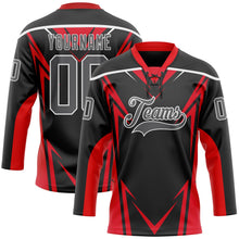 Laden Sie das Bild in den Galerie-Viewer, Uksn Individuelles Schwarz Stahlgrau Rot-Weiß 3D abstrakte Muster-Grafik Cyber-Mecha E-Sport Eishockey-Trikot mit Schnürkragen