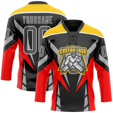 Laden Sie das Bild in den Galerie-Viewer, Uksn Individuelles Schwarz Stahlgrau Rot Gelb-Weiß 3D abstrakte Muster-Grafik Cyber-Mecha E-Sport Eishockey-Trikot mit Schnürkragen