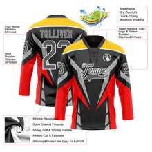 Laden Sie das Bild in den Galerie-Viewer, Uksn Individuelles Schwarz Stahlgrau Rot Gelb-Weiß 3D abstrakte Muster-Grafik Cyber-Mecha E-Sport Eishockey-Trikot mit Schnürkragen