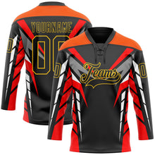 Laden Sie das Bild in den Galerie-Viewer, Uksn Individuelles Schwarz Rot Grau Orange-Gelb 3D abstrakte Muster-Grafik Cyber-Mecha E-Sport Eishockey-Trikot mit Schnürkragen