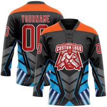 Laden Sie das Bild in den Galerie-Viewer, Uksn Individuelles Schwarz Rot Blau Grau Orange-Weiß 3D abstrakte Muster-Grafik Cyber-Mecha E-Sport Eishockey-Trikot mit Schnürkragen