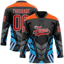 Laden Sie das Bild in den Galerie-Viewer, Uksn Individuelles Schwarz Rot Blau Grau Orange-Weiß 3D abstrakte Muster-Grafik Cyber-Mecha E-Sport Eishockey-Trikot mit Schnürkragen