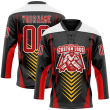Laden Sie das Bild in den Galerie-Viewer, Uksn Individuelles Schwarz Rot Gelb-Weiß 3D abstrakte Muster-Grafik Cyber-Mecha E-Sport Eishockey-Trikot mit Schnürkragen