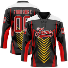 Laden Sie das Bild in den Galerie-Viewer, Uksn Individuelles Schwarz Rot Gelb-Weiß 3D abstrakte Muster-Grafik Cyber-Mecha E-Sport Eishockey-Trikot mit Schnürkragen