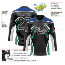 Laden Sie das Bild in den Galerie-Viewer, Uksn Individuelles Schwarz Royalblau Grün-Weiß 3D abstrakte Muster-Grafik Cyber-Mecha E-Sport Eishockey-Trikot mit Schnürkragen