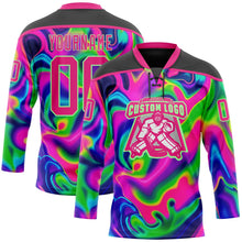 Laden Sie das Bild in den Galerie-Viewer, Uksn Individuelles Schwarz Hot Pink-Erbsengrün 3D-Muster trippy-psychedelischer Neon-Trendy holografischer Vaporwave-Stil Eishockey-Trikot mit Schnürkragen