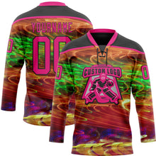 Laden Sie das Bild in den Galerie-Viewer, Uksn Individuelles Schwarz Hot Pink Gelb-Grün 3D-Muster trippy-psychedelisch Eishockey-Trikot mit Schnürkragen