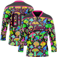 Laden Sie das Bild in den Galerie-Viewer, Uksn Individuelles Schwarz Hot Pink 3D-Muster trippy-psychedelische Magic Mushrooms Eishockey-Trikot mit Schnürkragen