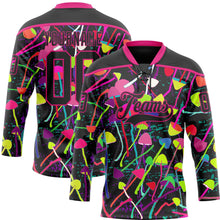 Laden Sie das Bild in den Galerie-Viewer, Uksn Individuelles Schwarz Hot Pink 3D-Muster trippy-psychedelische Magic Mushrooms Eishockey-Trikot mit Schnürkragen