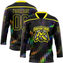 Laden Sie das Bild in den Galerie-Viewer, Uksn Individuelles Schwarz Hellgelb 3D-Muster trippy-psychedelisch fluid Eishockey-Trikot mit Schnürkragen