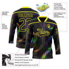 Laden Sie das Bild in den Galerie-Viewer, Uksn Individuelles Schwarz Hellgelb 3D-Muster trippy-psychedelisch fluid Eishockey-Trikot mit Schnürkragen