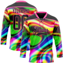 Laden Sie das Bild in den Galerie-Viewer, Uksn Individuelles Schwarz Pink Gelb Grün-Blau 3D-Muster trippy-psychedelischer Neon-Trendy holografischer Vaporwave-Stil Eishockey-Trikot mit Schnürkragen