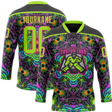 Laden Sie das Bild in den Galerie-Viewer, Uksn Individuelles Schwarz Neongrün-Hot Pink 3D-Muster trippy-psychedelisch geometrisch Eishockey-Trikot mit Schnürkragen