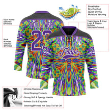 Laden Sie das Bild in den Galerie-Viewer, Uksn Individuelles Schwarz Violett Grün Orange-Weiß 3D-Muster trippy-psychedelisch geometrisch Eishockey-Trikot mit Schnürkragen