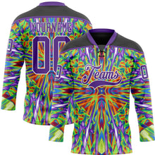 Laden Sie das Bild in den Galerie-Viewer, Uksn Individuelles Schwarz Violett Grün Orange-Weiß 3D-Muster trippy-psychedelisch geometrisch Eishockey-Trikot mit Schnürkragen