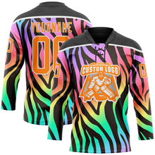 Laden Sie das Bild in den Galerie-Viewer, Uksn Individuelles Schwarz Bay Orange Violett Pink Grün-Weiß 3D-Muster Zebramuster Neon Eishockey-Trikot mit Schnürkragen