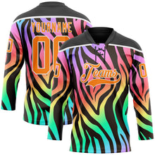Laden Sie das Bild in den Galerie-Viewer, Uksn Individuelles Schwarz Bay Orange Violett Pink Grün-Weiß 3D-Muster Zebramuster Neon Eishockey-Trikot mit Schnürkragen