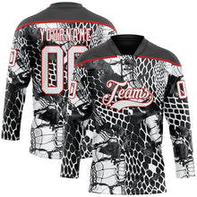 Laden Sie das Bild in den Galerie-Viewer, Uksn Individuelles Schwarz Weiß-Rot 3D-Muster Schlangenhautmuster Eishockey-Trikot mit Schnürkragen