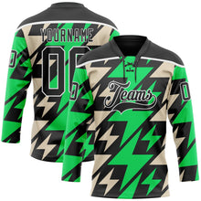 Laden Sie das Bild in den Galerie-Viewer, Uksn Individuelles Schwarz Grün Creme-Weiß 3D-Muster Blitz Eishockey-Trikot mit Schnürkragen