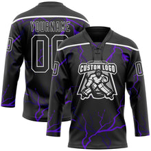 Laden Sie das Bild in den Galerie-Viewer, Uksn Individuelles Schwarz Violett-Weiß 3D-Muster Blitz Eishockey-Trikot mit Schnürkragen