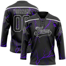 Laden Sie das Bild in den Galerie-Viewer, Uksn Individuelles Schwarz Violett-Weiß 3D-Muster Blitz Eishockey-Trikot mit Schnürkragen