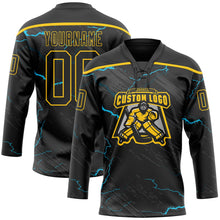 Laden Sie das Bild in den Galerie-Viewer, Uksn Individuelles Schwarz Blau-Gelb 3D-Muster Blitz Eishockey-Trikot mit Schnürkragen