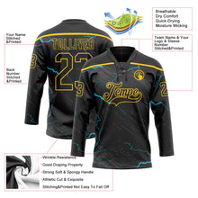 Laden Sie das Bild in den Galerie-Viewer, Uksn Individuelles Schwarz Blau-Gelb 3D-Muster Blitz Eishockey-Trikot mit Schnürkragen