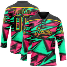 Laden Sie das Bild in den Galerie-Viewer, Uksn Individuelles Schwarz Grün Pink-Gelb 3D-Muster Blitz Eishockey-Trikot mit Schnürkragen