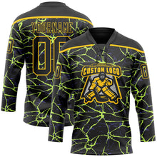 Laden Sie das Bild in den Galerie-Viewer, Uksn Individuelles Schwarz Gelb-Violett 3D-Muster Blitz Eishockey-Trikot mit Schnürkragen