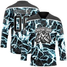 Laden Sie das Bild in den Galerie-Viewer, Uksn Individuelles Schwarz Blau-Weiß 3D-Muster Blitz Eishockey-Trikot mit Schnürkragen
