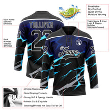 Laden Sie das Bild in den Galerie-Viewer, Uksn Individuelles Schwarz Blau Grau-Weiß 3D-Muster Blitz Eishockey-Trikot mit Schnürkragen