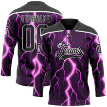 Laden Sie das Bild in den Galerie-Viewer, Uksn Individuelles Schwarz Violett Pink-Weiß 3D-Muster Blitz Eishockey-Trikot mit Schnürkragen