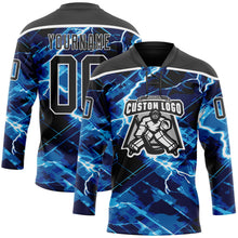 Laden Sie das Bild in den Galerie-Viewer, Uksn Individuelles Schwarz Blau-Weiß 3D-Muster Blitz Eishockey-Trikot mit Schnürkragen