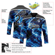 Laden Sie das Bild in den Galerie-Viewer, Uksn Individuelles Schwarz Blau-Weiß 3D-Muster Blitz Eishockey-Trikot mit Schnürkragen