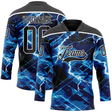 Laden Sie das Bild in den Galerie-Viewer, Uksn Individuelles Schwarz Blau-Weiß 3D-Muster Blitz Eishockey-Trikot mit Schnürkragen