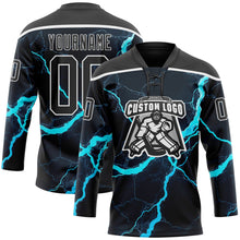 Laden Sie das Bild in den Galerie-Viewer, Uksn Individuelles Schwarz Blau-Weiß 3D-Muster Blitz Eishockey-Trikot mit Schnürkragen