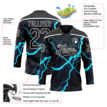 Laden Sie das Bild in den Galerie-Viewer, Uksn Individuelles Schwarz Blau-Weiß 3D-Muster Blitz Eishockey-Trikot mit Schnürkragen