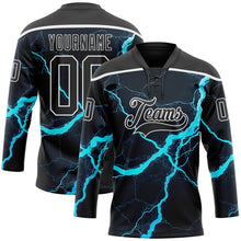 Laden Sie das Bild in den Galerie-Viewer, Uksn Individuelles Schwarz Blau-Weiß 3D-Muster Blitz Eishockey-Trikot mit Schnürkragen