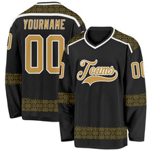 Laden Sie das Bild in den Galerie-Viewer, Uksn Individuelles Schwarz Altgold-Weiß 3D-Muster Karomuster Eishockey-Trikot