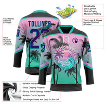 Laden Sie das Bild in den Galerie-Viewer, Uksn Individuelles Schwarz Violett Pink-Aqua 3D-Muster Verlauf Hawaii Tropical Palmen Eishockey-Trikot mit Schnürkragen