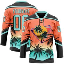 Laden Sie das Bild in den Galerie-Viewer, Uksn Individuelles Schwarz Eisblau-Orange 3D-Muster Verlauf Hawaii Tropical Palmen Eishockey-Trikot mit Schnürkragen